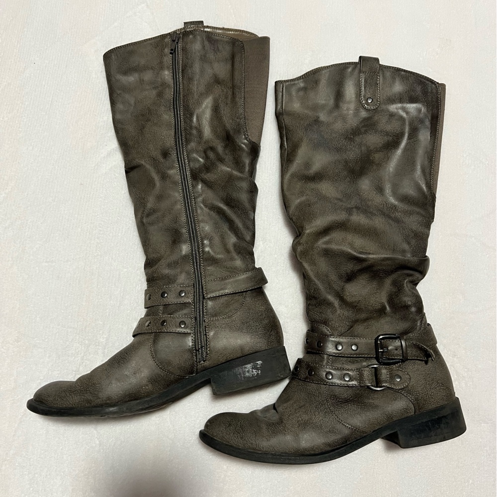 Gray mid-calf boots